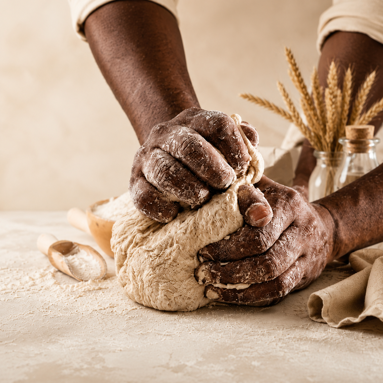 Hands kneading dough on a floured surface with a rustic background